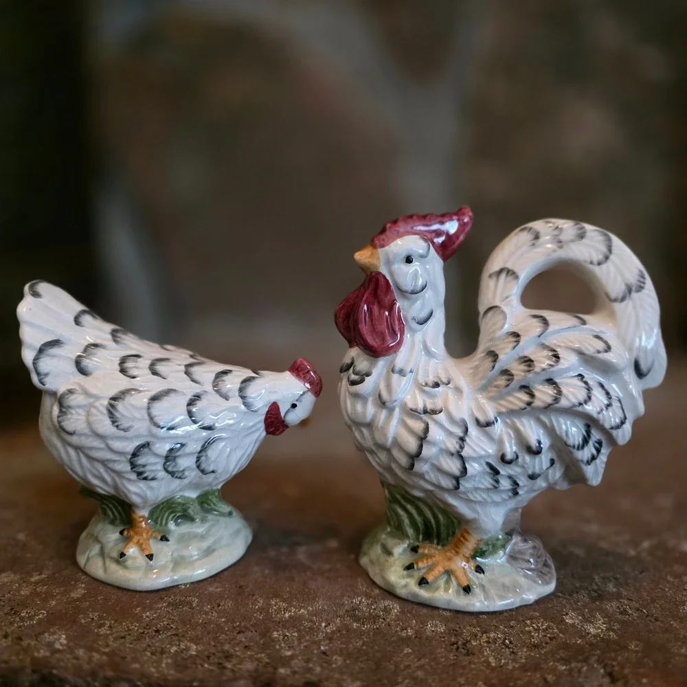 Vintage Farmhouse Thanksgiving Ceramic Rooster and Hen Salt and Pepper Shakers
